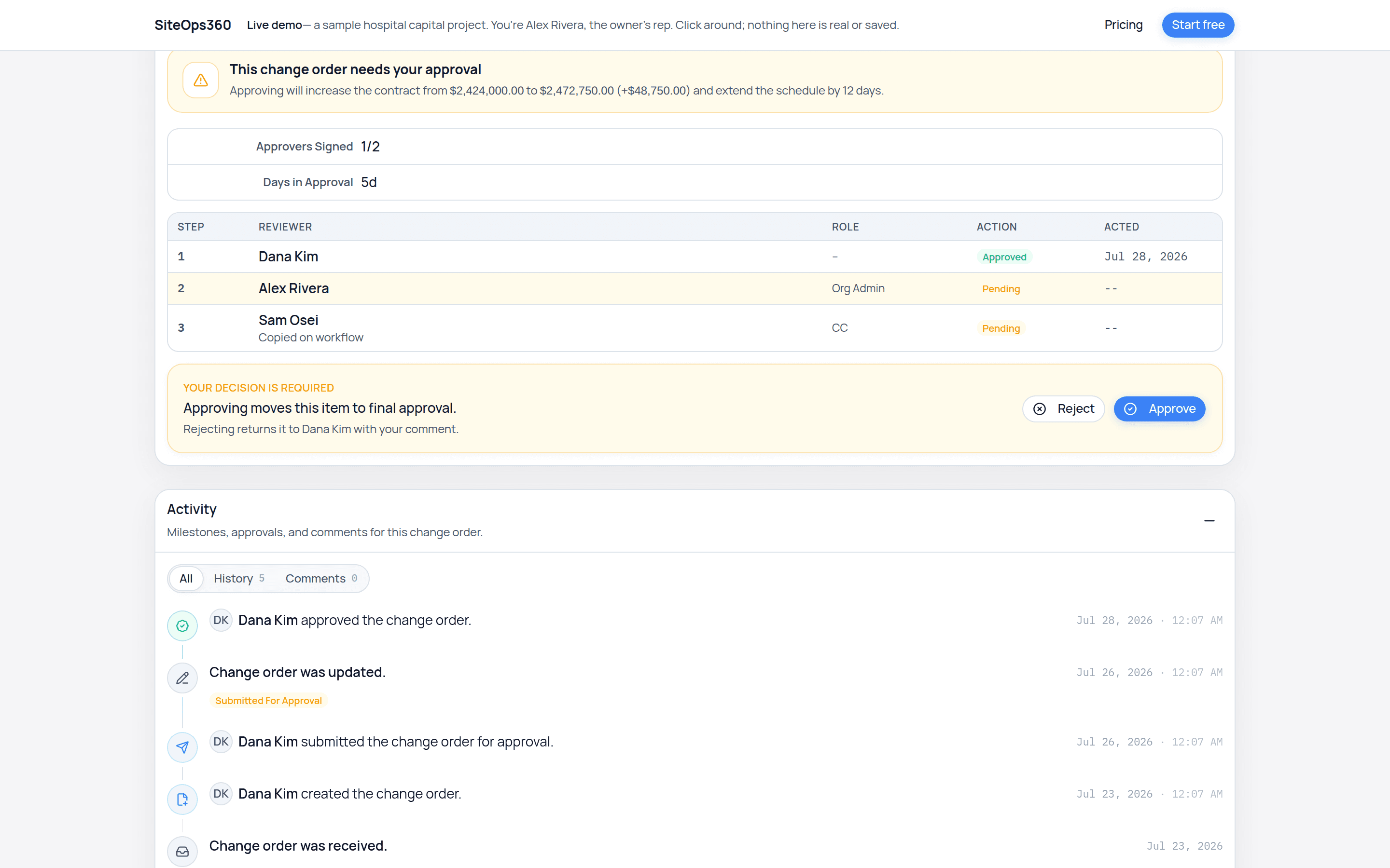 The live demo change-order record: approval routing mid-flight, contract impact, and the audit trail on a sample hospital project